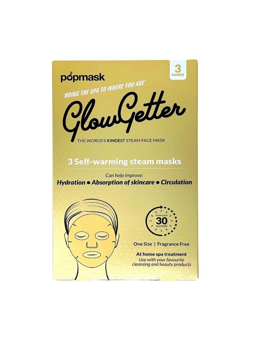 Glow Getter Full-Face Mask – 3 Pack, Self-Warming Facial Mask NIB